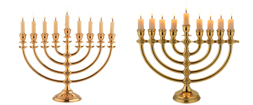  traditional Jewish menorah made of polished brass with an ornate design isolated