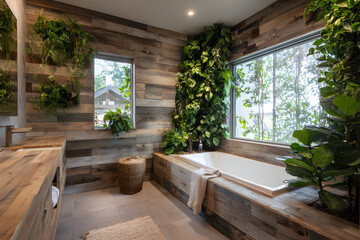 Fototapeta premium Eco-Friendly Tranquility: A Bathroom Sanctuary with Recycled Wood, Greenery, and Natural Light