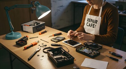 Repair Cafe worker fixing a smartphone, showcasing community-based electronics repair, recycling, sustainability, and tech support at a workshop, highlighting the importance of fixing over replacing.