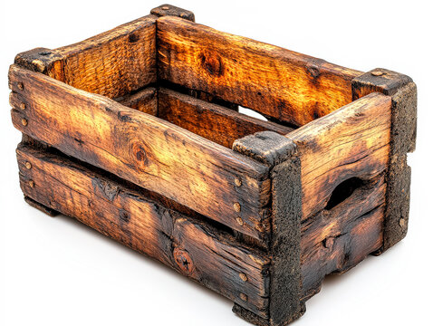 Wooden crate with a brown finish and a few holes. It looks like it has been used before