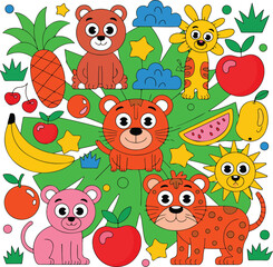 Naklejka premium Cute cartoon animals and fruits jungle theme vector