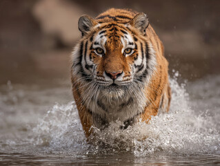 A dynamic tiger, moving rightward in shallow water with ripples Orange fur contrasts against the environment water reflects a soft glow No other objects or people visible Natural li - AI-Generated