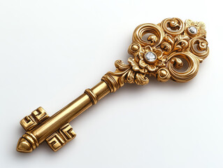 Gold key with a flower design and diamonds on it. The key is ornate and has a fancy design