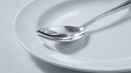 One empty ceramic plate with a silver spoon resting diagonally across the plate edge, seamless white backdrop, matte ceramic texture and realistic reflections on the spoon, product photography look