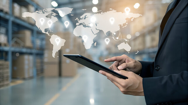 Businessperson using tablet with global logistics network overlay in a modern warehouse