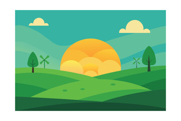 Green Meadows With Distant Windmills Under A Summer Glow