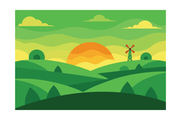 Green Meadows With Distant Windmills Under A Summer Glow
