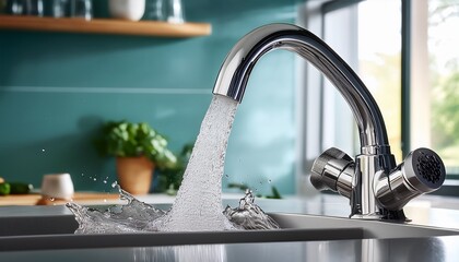 Obraz premium flowing water from modern faucet in kitchen symbolizing conservation sustainability overconsumption concept