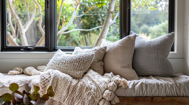 An indulgent window seat retreat featuring luxe velvet cushions and a chunky knit blanket the ideal spot for quiet contemplation.