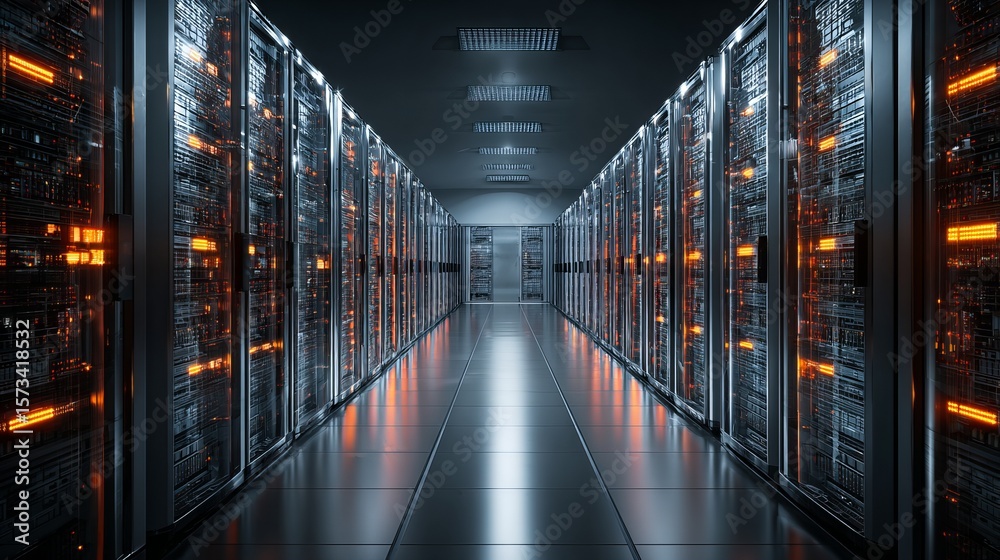 Poster data center server room showcasing rows of rack servers providing network storage and processing for