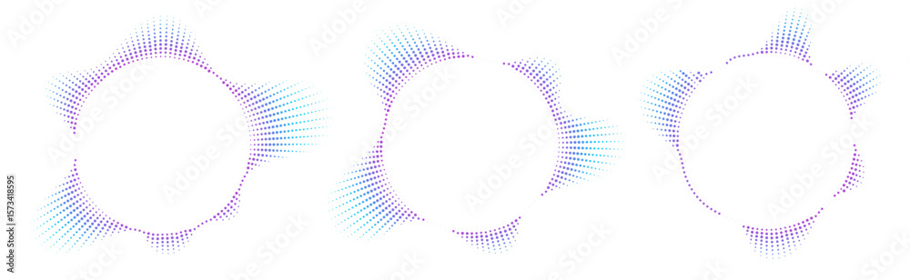 Wall mural sound equalizer icons with lines and dots, gradient neon circular sound wave frames, abstract radial