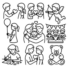 Valentine's Day Kids Icons. Outline style icons of Valentine’s Day Kids Silhouette: child giving valentine, kids exchanging cards,