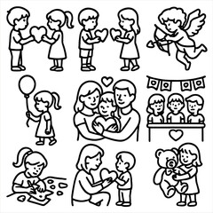 Valentine's Day Kids Icons. Outline style icons of Valentine’s Day Kids Silhouette: child giving valentine, kids exchanging cards,