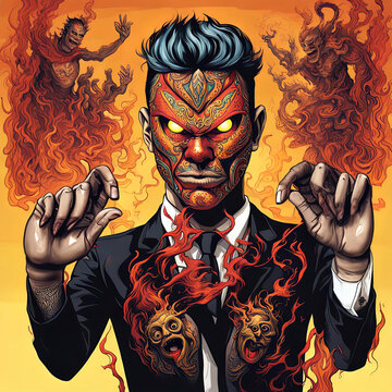 Surreal art of a tattooed manipulator, spirits swirling depicting racial trauma, resistance, and the performance of identity under systemic oppression. A bold CRT-aligned visual metaphor.