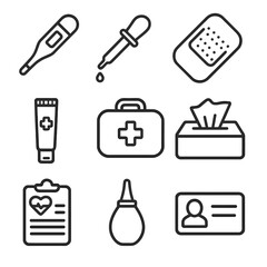 First Aid Icons. Outline style icons of First Aid Silhouette: baby thermometer, medicine dropper, safety bandage, baby ointment