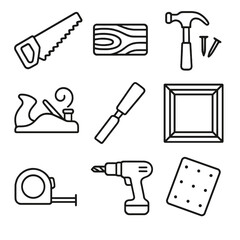 Fototapeta premium Woodworking Tools Icons. Outline style icons of Woodworking Hobby: hand saw, wood block, hammer and nails, wood plane, chiseling