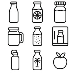 Fototapeta premium Juice Bottle Icons. Outline style icons of Juice Bottles Silhouette: glass juice bottle, citrus label icon, twist cap, fresh press