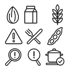 Salad Allergen Icons. Outline style icons of Salad Allergens: nut icon, dairy icon, gluten marker, soy icon, allergen caution