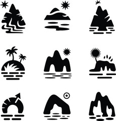 Obraz premium Nine Black Silhouette Icons of Islands and Mountains