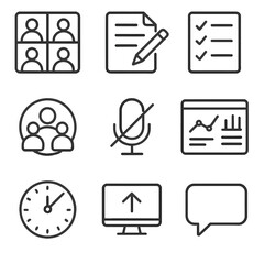 Remote Work Icons. Outline style icons of Remote Work Interface: video call grid, shared doc icon, task list, remote team avatar,