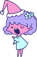 hand drawn christmas cartoon of kawaii girl in bright neon color