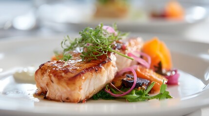 Plate of food with a piece of fish and vegetables
