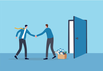 Offboarding process for employee leaving company, farewell or departure, quit job, decision for new opportunity, terminate work contract process, businessman manager check hands with leaving employee