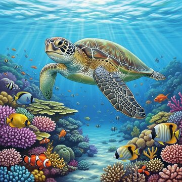 Uma linda e vibrante tartaruga marinha nadando graciosamente em &aacute;guas tropicais cristalinas, cercada por recifes de corais e peixes coloridos, fotorrealista, ilumina&ccedil;&atilde;o 