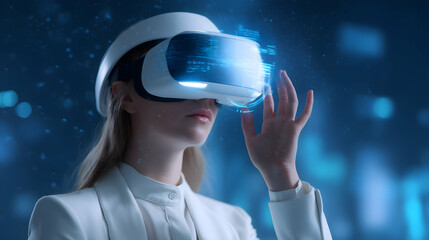 Businesswoman wearing VR helmet with digital interface -
