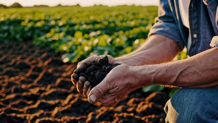 Farmer inspects rich soil between hands, showcasing connection with earth. Lush green crops surrounding indicate thriving agricultural practices. Concept of farming, sustainability, cultivation