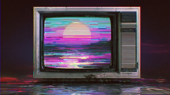 Retro television displaying distorted sunset scene with vibrant colors amidst a dark, moody, and surreal atmosphere.
