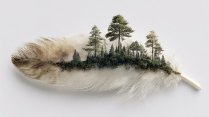 Forest scene atop a feather, isolated on a white background, artistic and detailed