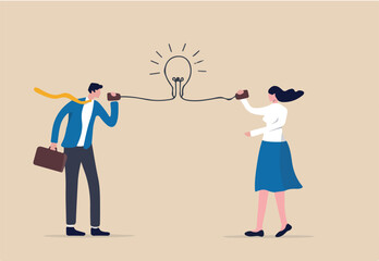 Communicate idea, advice or solution, good communication skill for business success, brainstorm or discuss in meeting concept, smart businessman talk to colleague on phone line with lightbulb symbol.