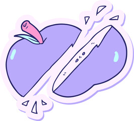 sticker of a cartoon sliced apple in bright neon color