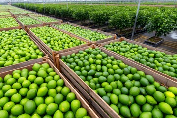 Freshly picked avocados and limes filling wooden crates inside greenhouse