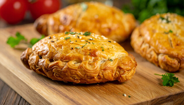 Puff pastry pies with savory ingredients and fresh herbs on wooden board. Tasty homemade food. - Powered by Adobe
