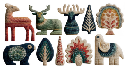 A charming collection of folk art animals and woodland motifs, intricately designed with traditional patterns and vibrant colors isolated on transparent background