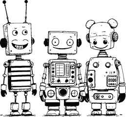 A lineup of five cartoonish robots with various designs, featuring bold outlines and a hand-drawn style.