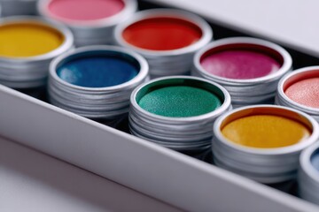 A collection of colorful, artist is watercolor pans, neatly arranged on a white surface, isolated. Art supplies, creativity.