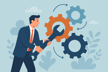 Business improvement and optimization concept. Businessman with wrench adjusting gears. Fine-tuning workflow for efficiency. Maintenance, repair service for progress and change.