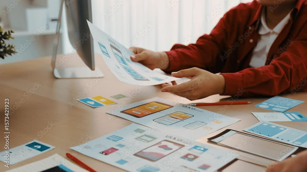 Poster excellent startup company employee presenting user interface prototype for mobile application to sma