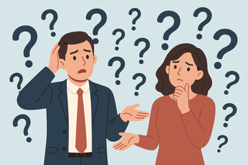 Confused business people man and woman with questions. Couple thinking with doubt. Lost in trouble or complexity, complicated problem or misunderstanding concept vector.