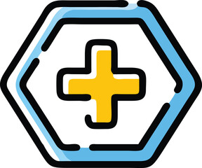 Obraz premium A Bold Black Outline Encircles a Light Blue Double Lined Octagon Containing a Central Yellow Medical Cross Symbol