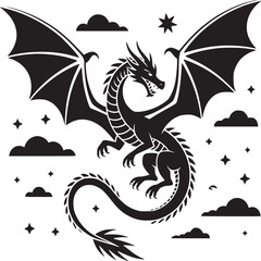 A black silhouette of a dragon with wings surrounded by clouds and stars on a white background on transparent background