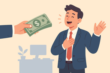 Getting paid salary or wage payment. Happy employee receiving bonus or cash reward. Financial success concept. Businessman getting income benefits. Hand giving money vector.
