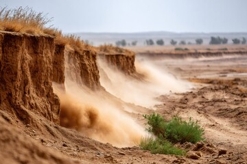 Wind blowing sand and dust over dry cracked earth