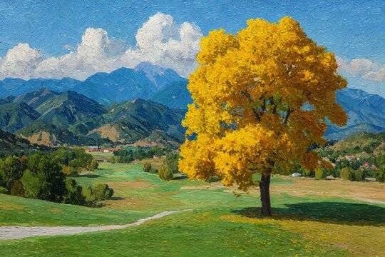 Golden-Leafed Oak Tree in Post-Impressionist Style, Textured Oil Painting with Meadow and Mountain Backdrop, Sargent-Inspired Light Study