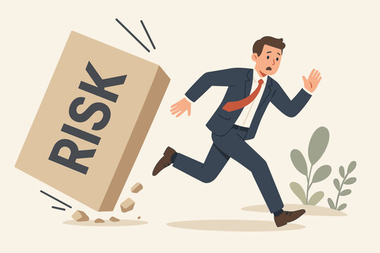 Businessman Running from Falling Risk Block, Risk Aversion, Avoiding Uncertainty, Fear of Investment Loss, Safety and Security Decision, Financial Stability Concept Illustration