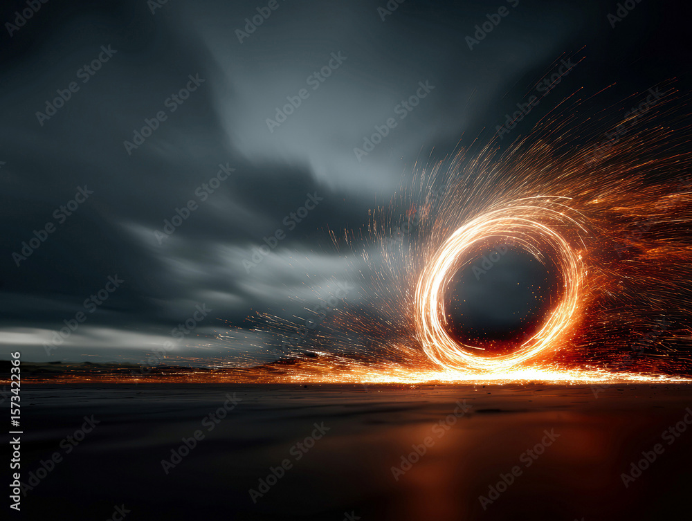 Poster stylized image featuring a fiery explosion contained within a circular pattern, primarily in black a