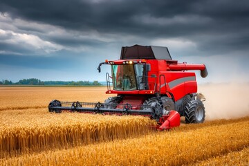 Red combine harvester harvesting wheat field under stormy sky